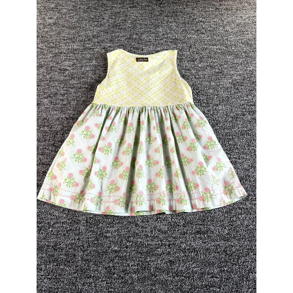 Matilda Jane A-Line Dress Kids 8 White Green Floral Pleated Cotton Round Neck